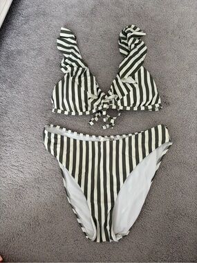 Cremieux Olive and White Striped Ruffle Bikini Set